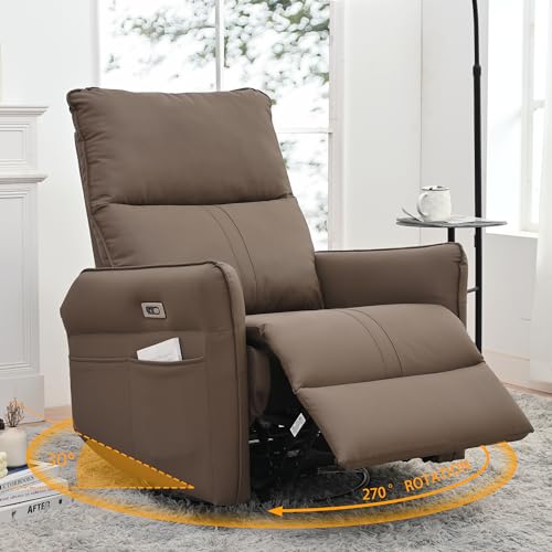 Image of QKFF Power Swivel Rocker Recliner Chair for Nursery, Upholstered 270° Swivel Glider Rocker Chair with USB Ports, Small Power Recliners for Small Spaces Living Room (Brown)