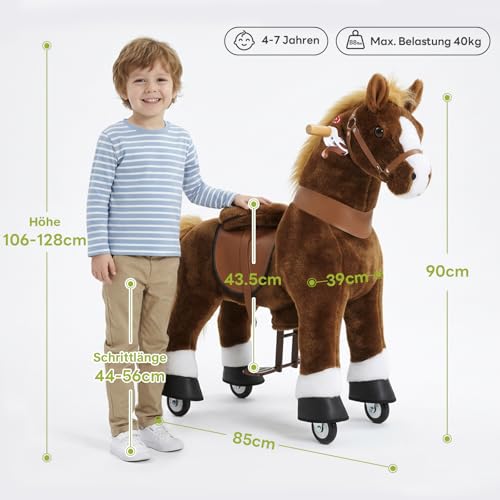 PonyCycle® Schaukelpferd mit Rollen | für Kinder 4–7 Jahre, 89cm | Schokoladenbraunes Reitpferd mit Handbremse & Klang | Stehpferd, Reitpony, Kindergeburtstag | Klassisches Modell U – Ux424