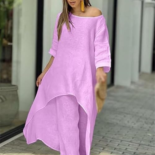 Thoughtaidea Women's Solid Color Linen Fashionable Casual Suit, Elegant Cotton Linen Two Piece Irregular Pantsuits4