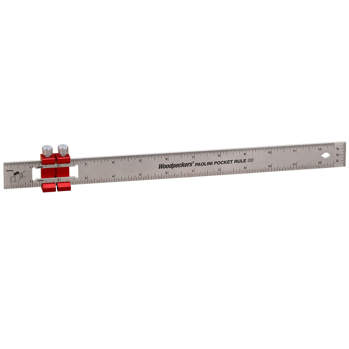 Woodpeckers Paolini Pocket Rule, Stainless Steel, 12 Inch, Woodworking Ruler with Sliding Stop, Vertical End Scale, Scribing Notch, Engraved Scales