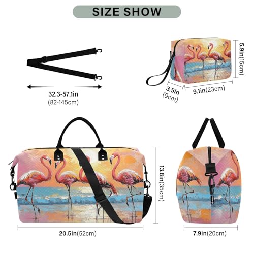 Flamingo Beach Sunset Duffle Bag for Travel, Gym Bag with Multiple Interior Pockets for Men Women Overnight Box Included 20.5 x 1.9 x 13.8 In3