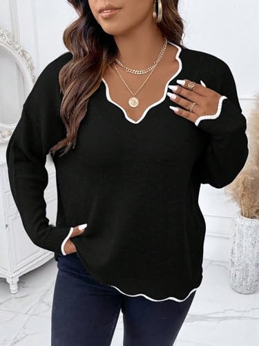 Image of MAKEMECHIC Women's Plus Size Long Sleeve Sweaters Scalloped V Neck Knit Cozy Sweater Pullover