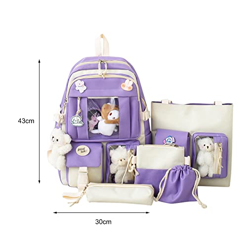 5 stks/set Kawaii Rugzak met Beer poppen en badges Accessoires, Canvas Schooltassen Set Leuke Rugzak voor Cosplay Tiener Student Grote Capaciteit Schooltas Clutch Boekentassen - Image 6