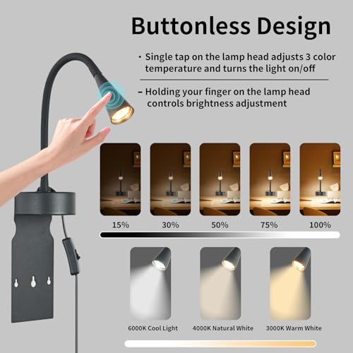 Image of Black Headboard Reading Light, No Drilling Wall Mounted Reading Lights for Bedside, Book Light for Bedtime Reading, Buttonless Dimmable Reading Lamp, Movable Gooseneck Reading Sconces for Bedroom