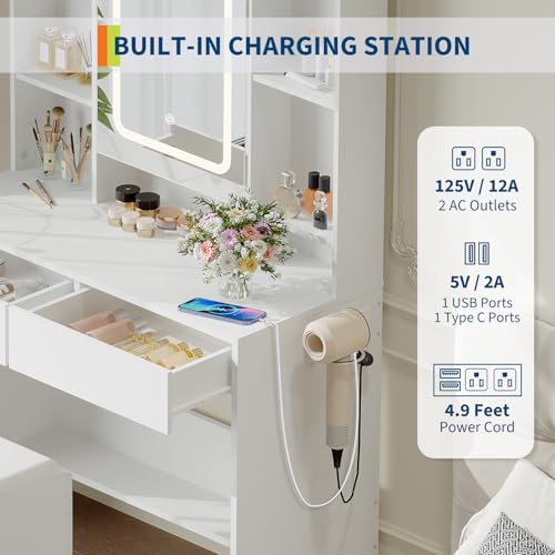 GarveeHome Vanity Desk with Mirror and Lights, for Bedroom,Includes Padded Stool, Easy to Assemble, Storage Drawers, USB Outlets, Hairdryer Holder, Adjustable LED Light with 3 Lighting Modes