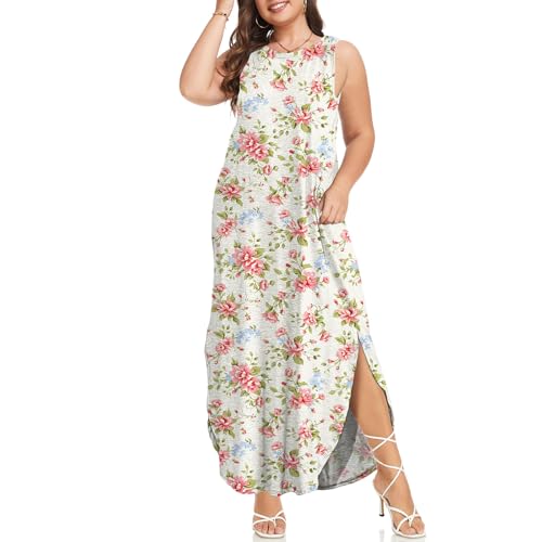 Image of Wolddress Womens 2026 Plus Size Sleeveless Tank Dress Casual Loose Sundress Split Summer Beach Long Maxi Dresses with Pockets