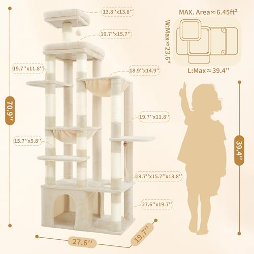 Image of Heybly Cat Tree, 71-Inch Tall Cat Tower for Large Maine Coon Cats with Extra-Large Baseboard, Cat Condo Furniture with Multi-Level Platforms, 2 Hammocks and 12 Scratching Posts, Beige HCT037M
