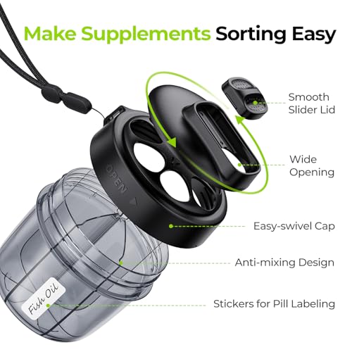 Image of AUVON Portable Pill Dispenser for 7 Various Supplements, Pill Organizer Bottle Travel Essentials with Anti-Mixing Design, Arthritis-Friendly Pill Container with Wide Opening & Slider Lid, 20 Stickers