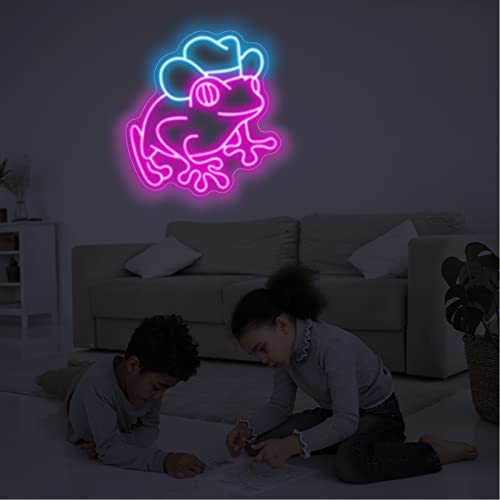 Image of Neon Sign for Wall Decor Frog with Cowboy Hat Led Neon Light for Kids Room Man Cave Bar Store Home Party Art Decor Gifts, Ice Blue & Pink, Dimmable & USB Powered, 12.6 inch x 13.5 inch
