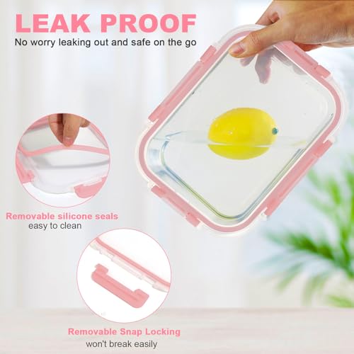 KOMUEE 30 Pieces Glass Food Storage Containers Set, Meal Prep Containers Set with Snap Locking Lids, Airtight Glass lunch Containers, Microwave, Oven, Freezer & Dishwasher,Pink