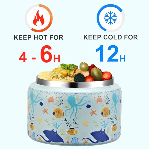 Image of JXXM 8 Oz Thermo Food Jar for Hot & Cold Food for Kids, Insulated Lunch Containers Hot Food Jar,Leak-Proof Vacuum Stainless Steel Wide Mouth Lunch Soup Thermo for School (Blue-Octopus)