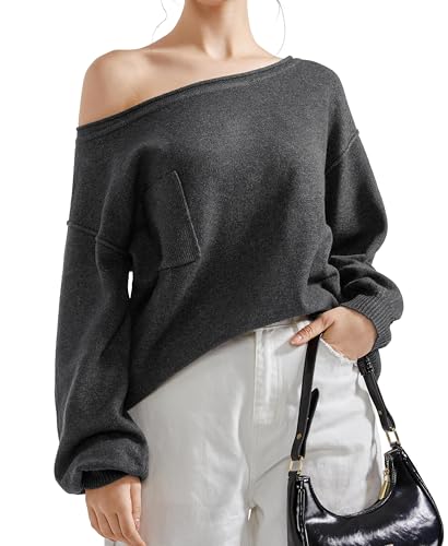 SUUKSESS Women Off The Shoulder Fall Sweaters Long Sleeve Boat Neck Oversized Pullover Sweater Tops