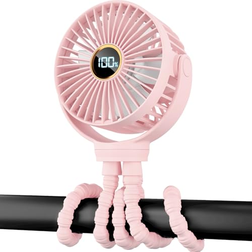 Portable Stroller Mini Fan, Small Rechargeable Personal Cooler w/ 360° Rotation, 3-Speed, Display, Battery Powered Stroller Accessories, Baby Essentials for Car Seat, Crib, Bike, Treadmill, Sakura