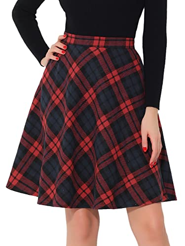 Allegra K Damen Karo Rock Festlich A-Linie Hohe Taille Kammgarn Kariert Midirock Rot XS