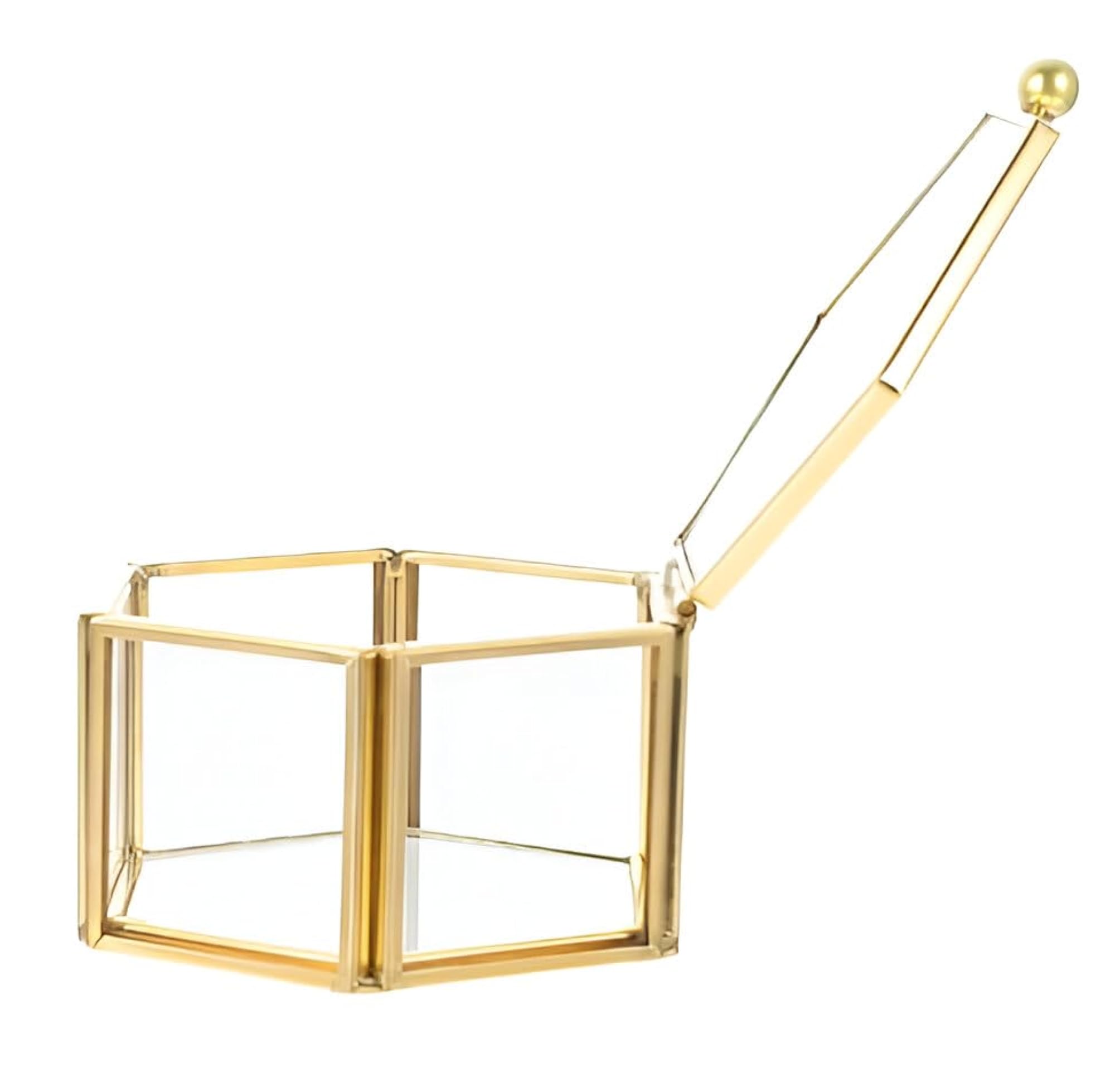 Hexagonal Glass Ring Box with Brass Gold Frame