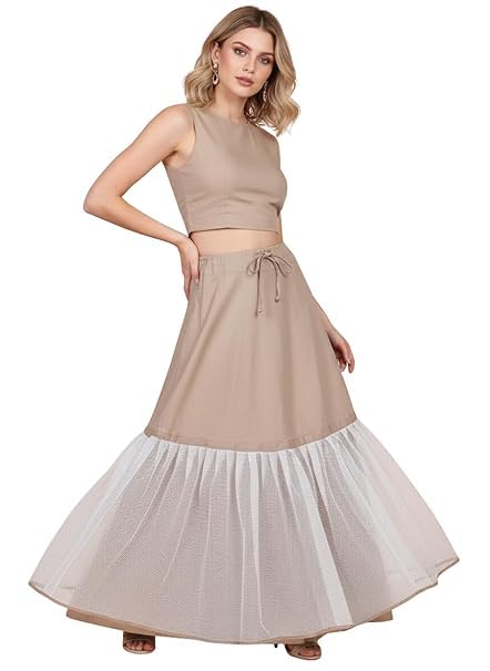 Women Cotton Blend Cancan Hoop Less Underskirt Petticoat Wedding Crinoline Volume Extension for Lehenga, Gown and Floor Length Skirt Free Size Waist with Adjustable Length Cream Color-image-27