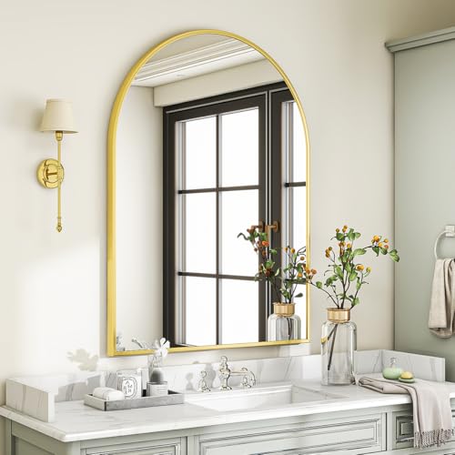 Image of VooBang Arched Wall Mirror, 26 x 41 inch Arch Bathroom Mirror, Wall Mounted Vanity Mirror with Arch Metal Frame, Modern Bathroom Vanity Mirror for Bedroom, Living Room, Hanging or Leaning, Gold