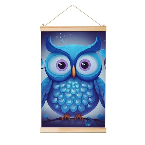 Toile hibou bleu prête à accrocher avec sa tige en bois pour décorer un mur