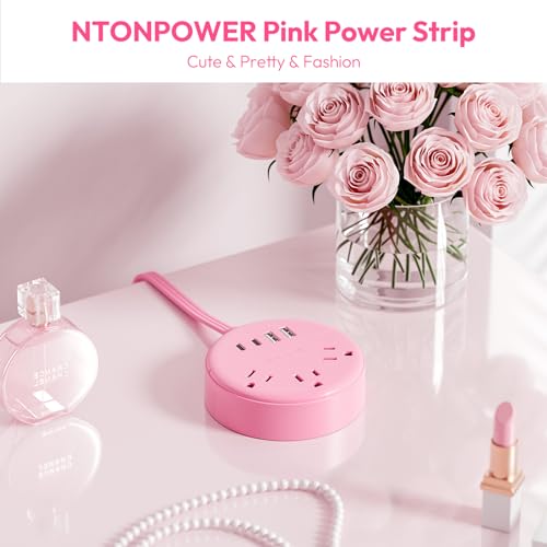 Extensión NTONPOWER Rosa 3 Tomas con 2 USB-C y 2 USB-A, Cable Plano 10 ft, Montable en Pared, Para Interior miniatura 2