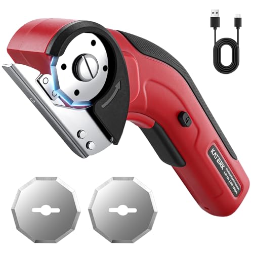 Katerk Electric Cardboard Cutter 4.4V, Cordless Electric Scissor with 2pcs Self-Sharpening Blade USB Rechargeable Safety Lock, Power Rotary Box Cutter for Fabric, Carpet, Plastic