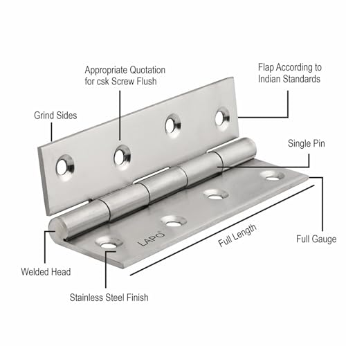 Image of LAPO Stainless Steel Hinges, 4 Inch x 14 Gauge /1.8mm Thickness, Door Butt Hinges, Smooth Operation, Suitable for Bedroom Doors, Cupboards & Windows, 5 Years Warranty, Matt Finish, Pack of 3