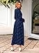 Simplee Womens Boho Floral Long Sleeve Maxi Dress Formal Wedding Guest Dresses Modest Church Dress Fall Outfits Navy Blue L
