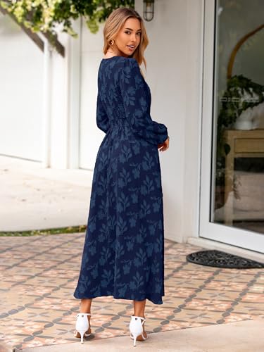 Image of Simplee Womens Boho Floral Long Sleeve Maxi Dress V Neck Empire Waist Fall Wedding Guest Dresses with Pockets