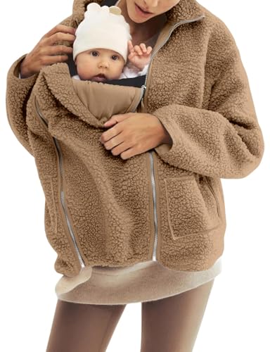 Image of Mywinway Maternity Coat Fall Winter Mom Cozy Carrier Fleece Sherpa jacket Warm Zip Up Coats Clothing