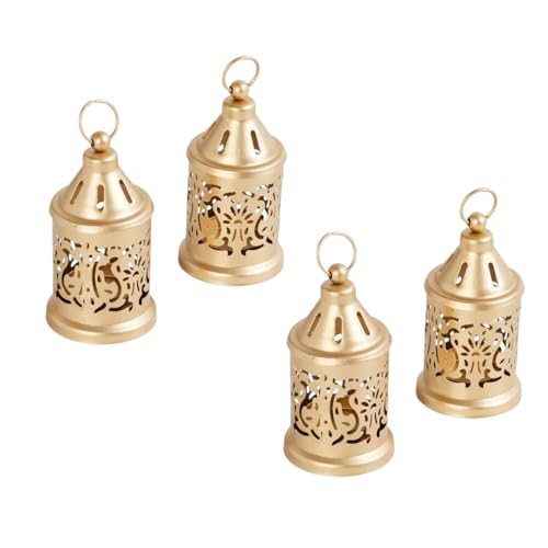 Image of Hanging Metal Candle & Tealight Holder Lantern Set with LED Candle - Vintage Golden Decorative Lanterns for Home, Living Room, Dining Table, Balcony, Garden, Festival & Gift (Pack of 4)