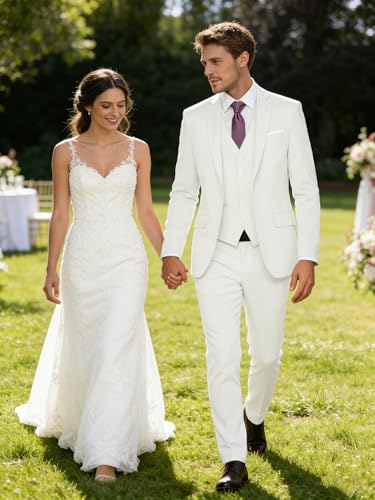 Image of WOMS Men's 3 Piece Suit Slim Fit,Mens Wedding Suit Groom Prom Tuxedo