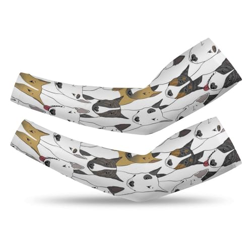 Xmkltbz 1 Pair Cooling Arm Sleeves, Unisex Warmer Spandex Sports Cover Uv Sun Protection for Cycling Golf Running S Print Bull Terrier Brown White Black Seamless Dog Heads Faces Texture