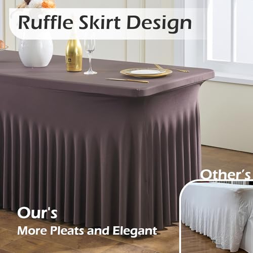 Image of NSSONBEN 2 pk Brown Spandex Tablecloth for 6 Foot Rectangle Tables,Wrinkle Free Fitted Spandex Table Covers 6ft Coffe Stretch Table Cloths with Ruffle Skirt for Parties Weddings Banquet Baby Shower