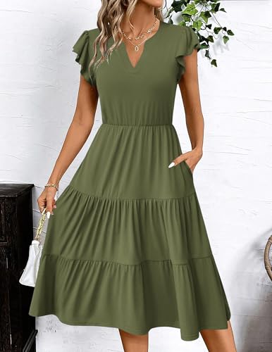 Image of ZEAGOO Womens Summer Casual Dresses Ruffle Sleeve V Neck Midi Dress Flowy Tiered Dress with Pockets Boho Sundresses