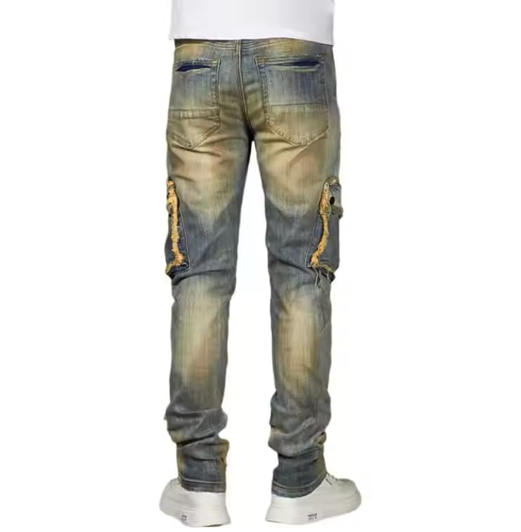 Men's Straight-Leg Mid-Rise Denim Pants with Multiple Pockets and Denim Patchwork - Casual Hip-hop Style Men's Denim Pants4