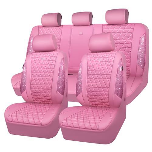 CAR PASS Bling Diamond Pink Leather Car Seat Covers Full Sets Interior Sets Waterproof Shining Glitter Sparkly Crystal Universal Armrest Fit for Automotive Truck SUV Cute Women Girl Pink Rhinestone