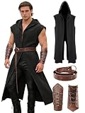 Verceco Men’s Renaissance Costume Set – Medieval/Renaissance Costume for Men with Hooded Surcoat Leather Belt & Bracers (Black, L)