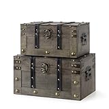 Soul & Lane Wood Treasure Chests - Set of 2, Antique Storage Trunks, Decorative Wooden Storage Boxes with Hinged Lids for Keepsakes and Home DΓ©cor