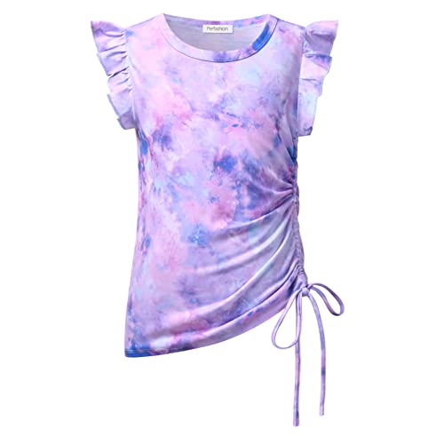 Image of Perfashion Girls Flutter /Long Sleeve Cotton T-Shirts Side Drawstring Tunic Blouse Round Neck Casual Tops for 4-13Years