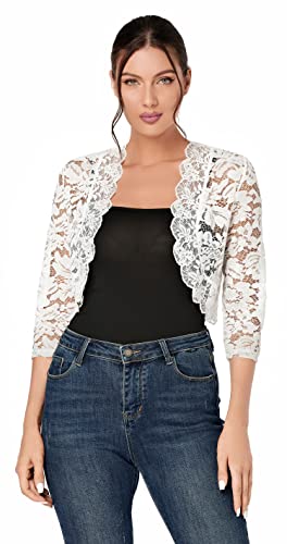 J.Corrine Damen Bolero Festlich 3/4 Langarm Spitzen Bolero Hochzeit Damen Kurz Jäckchen Beige XXL Cover