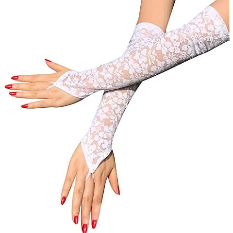 Latious Lace Gloves White Fingerless Long Bridal Gloves Floral Glove 1920s Party Wedding Prom Glove Accessories for Women and Brides Elbow Length (White) Cover