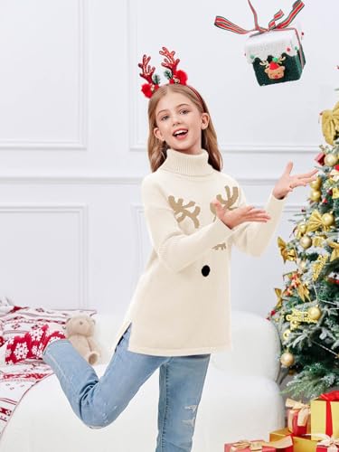 Image of Haloumoning Girls Christmas Sweater Kids Oversized Turtleneck Cute Reindeer Sweaters with Side Slit