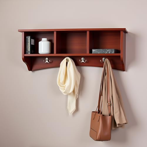 Image of Shaker Cottage Wall-Mounted Coat Rack with 3 Storage Cubbies and 4 Hooks - 36 inch Space-Saving Entryway Organizer, Mudroom and Hallway Wall Shelf by Alaterre Furniture (Cherry Finish)