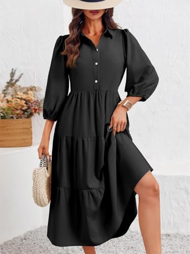 Image of Wenrine Womens Casual 3 /4 Sleeve Shirt Dress Button Down V Neck Tiered Collared Flowy Maxi Dress