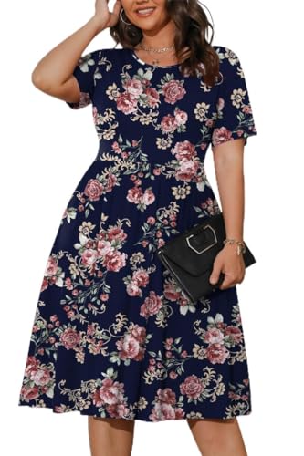 Image of POSESHE Womens Plus Size Summer Dress 2026 Casual Short Sleeve Empire Waist Loose Fit Swing T-Shirt Dress with Pockets