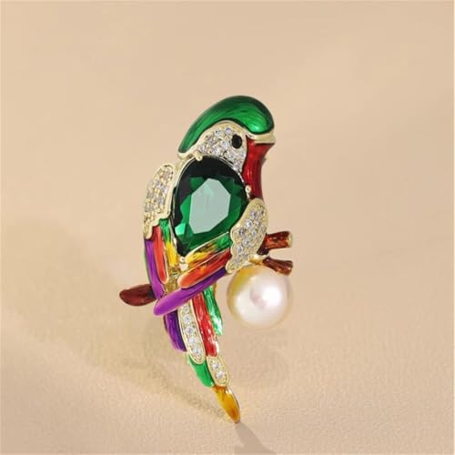 Image of Vintage CZ Shell Pearl Colorful Parrot Brooch Pin for Women Girls Enamel Rhinestone Pearl Animal Bird Brooches Lapel Pins Spring Ornament Dress Accessories Delicacy Jewelry