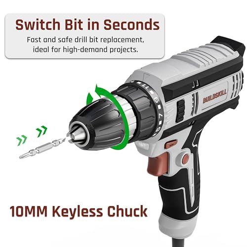 Image of BUILDSKILL 350W Electric Screwdriver |Vairable Speed | 0-1000RPM Copper Motor | Forward-Reverse | LED Light | 10MM Quick Release Chuck | 23NM Max Torque | 20+1 Adjustments | 1.8M Cable | TPR Soft Grip