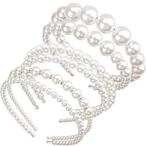 Pearl Headbands, 6Pcs White Headbands with Pearls, Hair Hoop Bands Hairband Headwear for Wedding Party, Banquet, Ceremonies, Daily Hair Accessories,6 Size Pearl Headbands for Women Girls