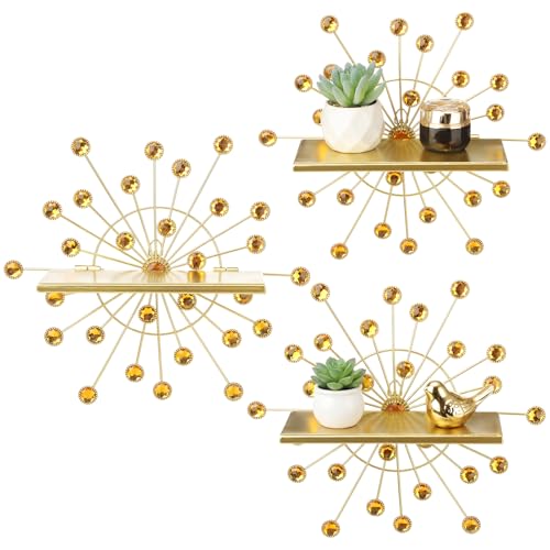Image of Yaocom 3 Pcs Crystal Floating Shelves, Bling Sparkle Metal Starburst Wall Decor Shelves, Gold Folding Wall Mounted Storage Shelf for Bedroom Bathroom Living Room Kitchen Office