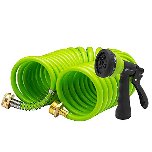 Image of AUTOMAN EVA Recoil Garden Hose 25ft - Includes 7 Pattern Spray Nozzle,Curly Water Hose 25 Foot,Watering Hose Coil,Retractable,Corrosion Resistant Garden Coil Hose.Green