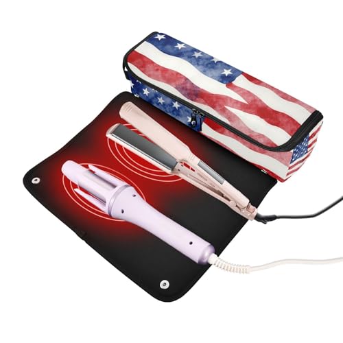 Estuche de viaje 2 en 1 para rizador con alfombrilla para plancha, doble capa, bolsa organizadora portátil para planchas, rizadores y alisadores de cabello, bandera Americana rojo, blanco y azul miniatura 2